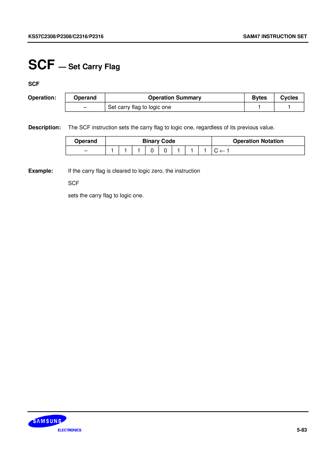 Samsung KS57C2308 manual SCF Set Carry Flag, Scf 