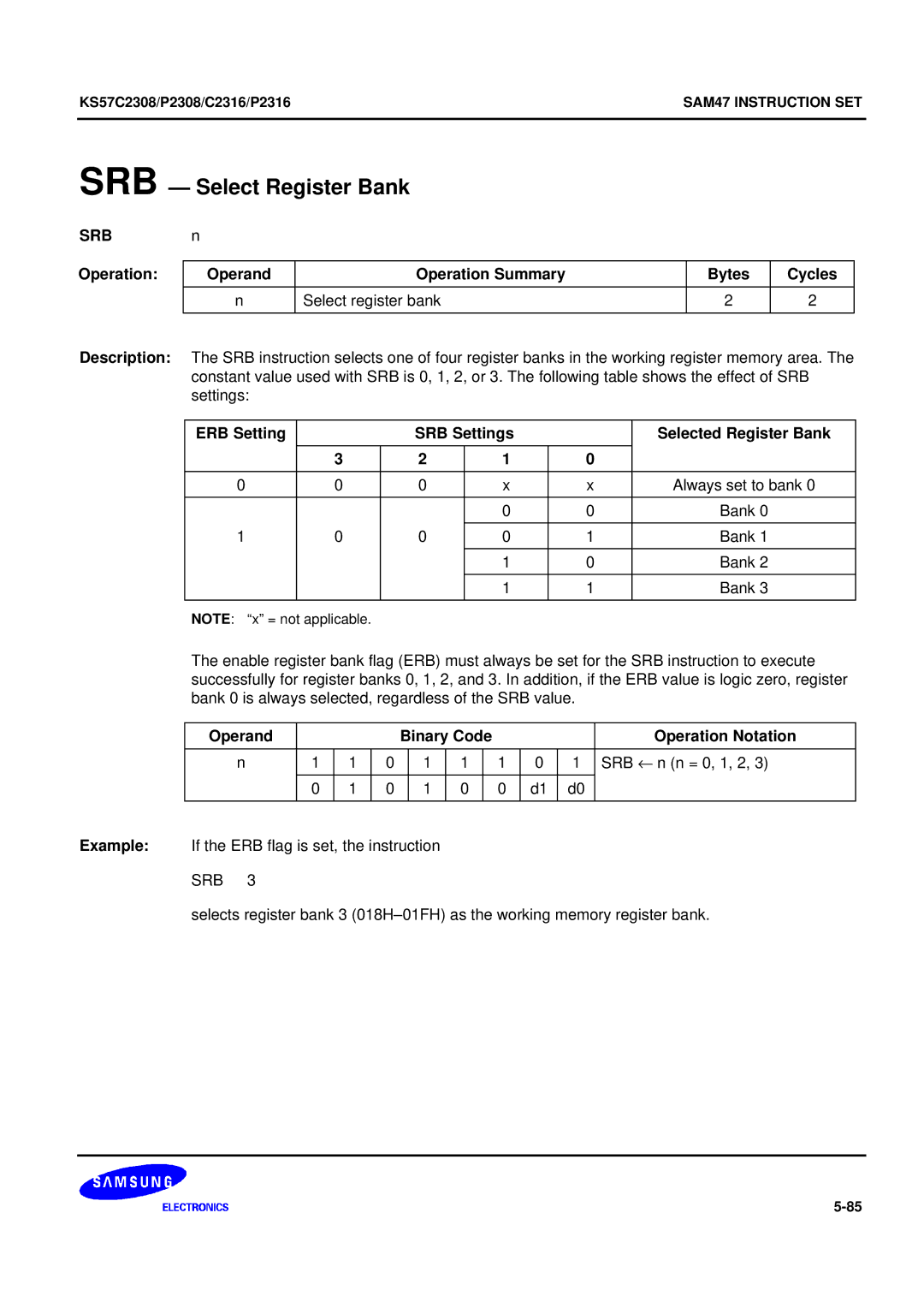 Samsung KS57C2308 manual SRB Select Register Bank, Srb, ERB Setting SRB Settings Selected Register Bank 