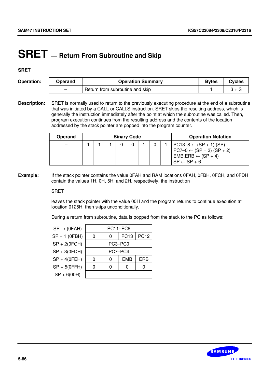 Samsung KS57C2308 manual Sret Return From Subroutine and Skip 