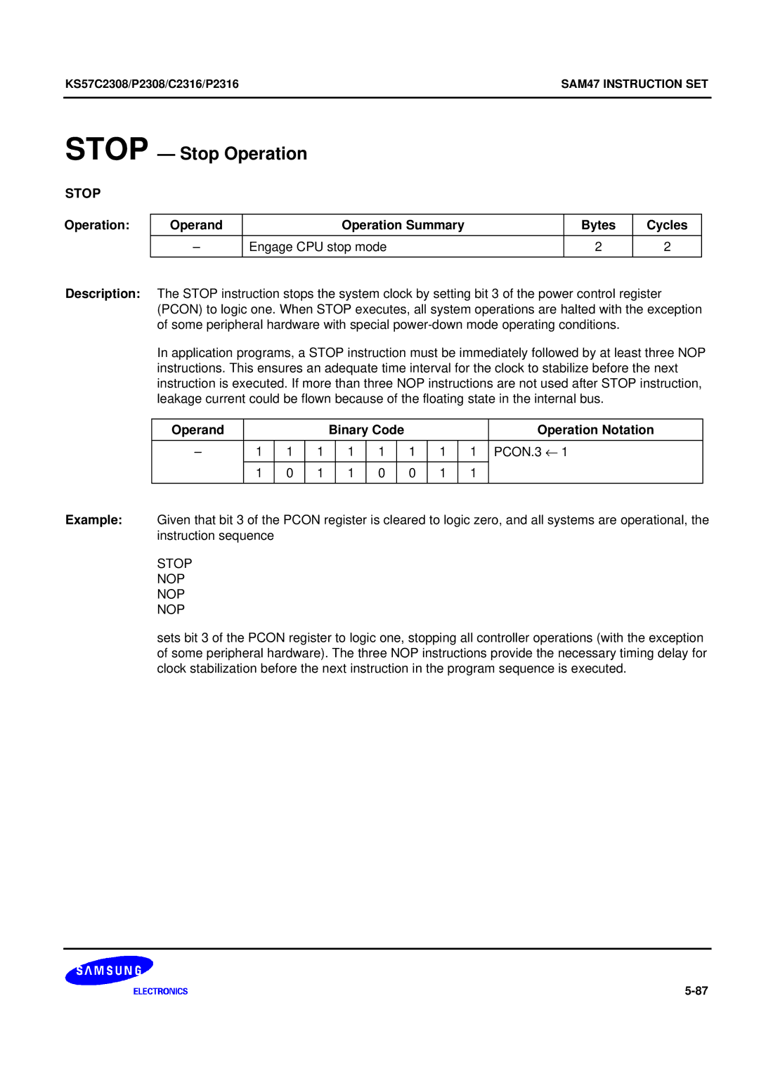 Samsung KS57C2308 manual Stop Stop Operation 