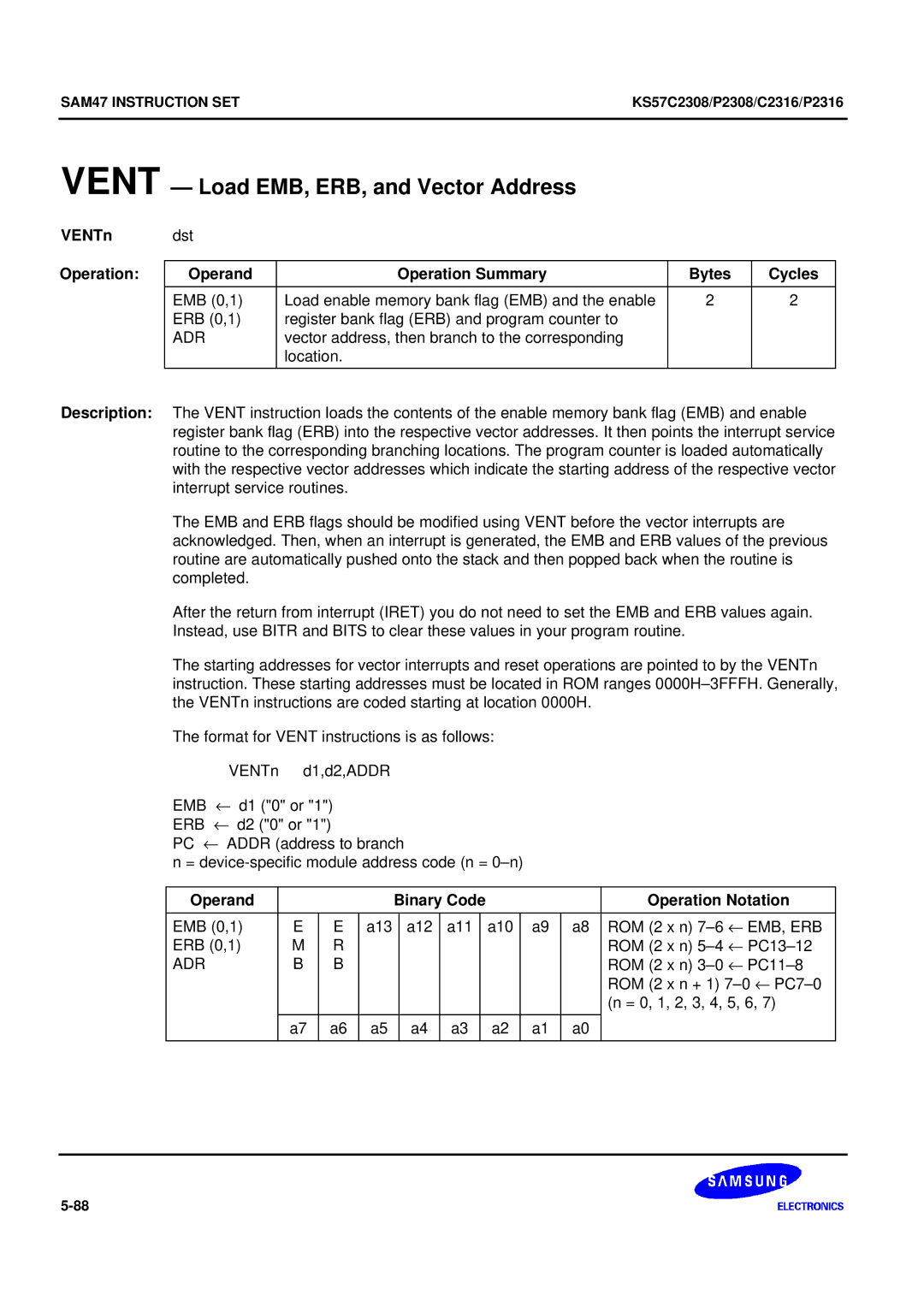 Samsung KS57C2308 manual Vent Load EMB, ERB, and Vector Address, VENTn 