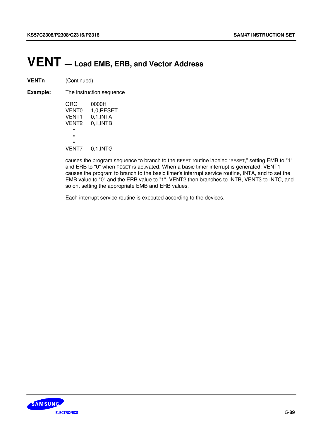 Samsung KS57C2308 manual VENTn Example The instruction sequence 