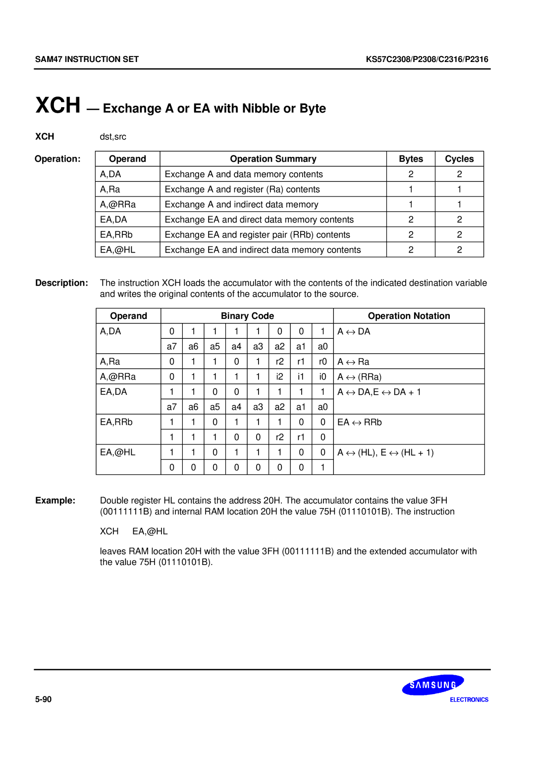 Samsung KS57C2308 manual XCH Exchange a or EA with Nibble or Byte, Xch Ea,@Hl 