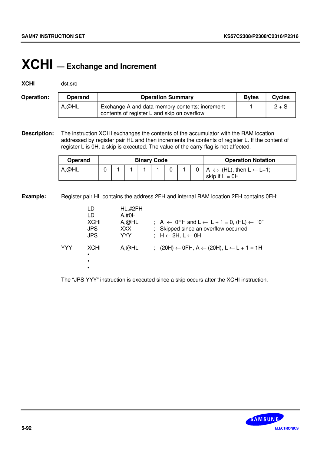 Samsung KS57C2308 manual Xchi Exchange and Increment, Xchi Operation, HL,#2FH, YYY Xchi @HL 