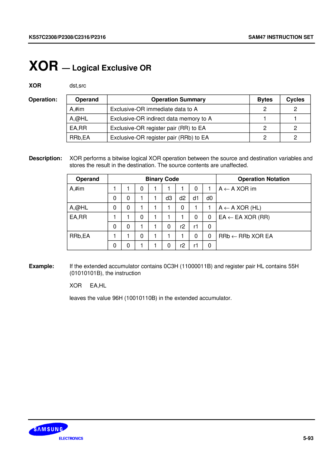 Samsung KS57C2308 manual XOR Logical Exclusive or, Xor Ea,Hl 