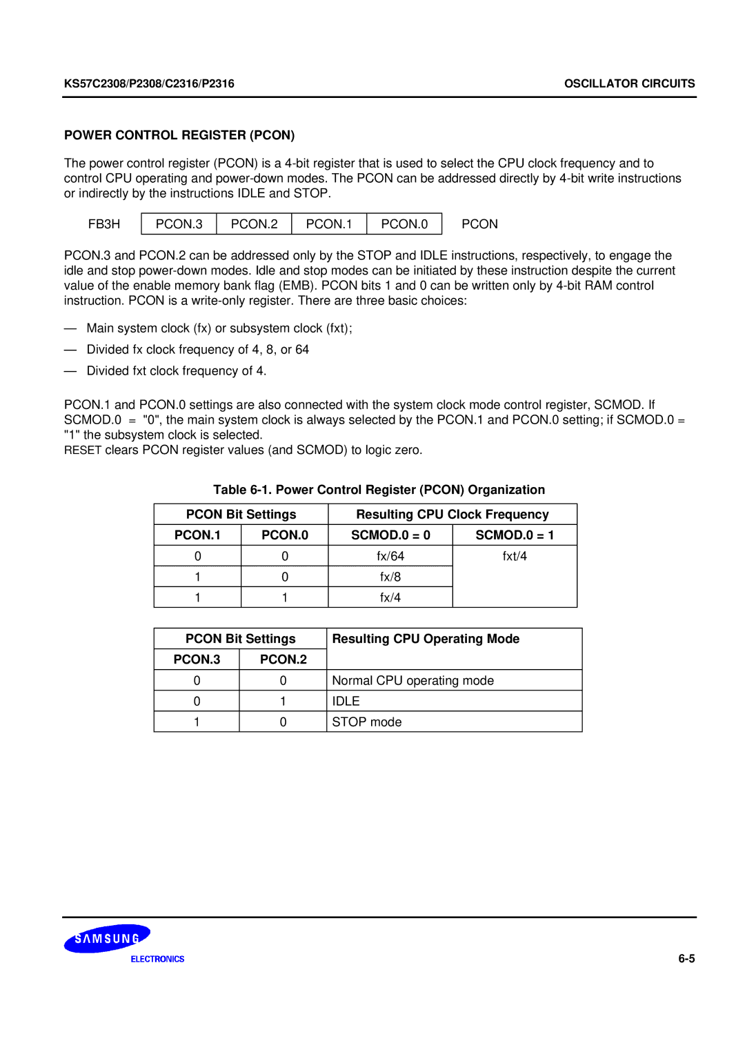 Samsung KS57C2308 Power Control Register Pcon, PCON.1 PCON.0, SCMOD.0 =, Pcon Bit Settings Resulting CPU Operating Mode 