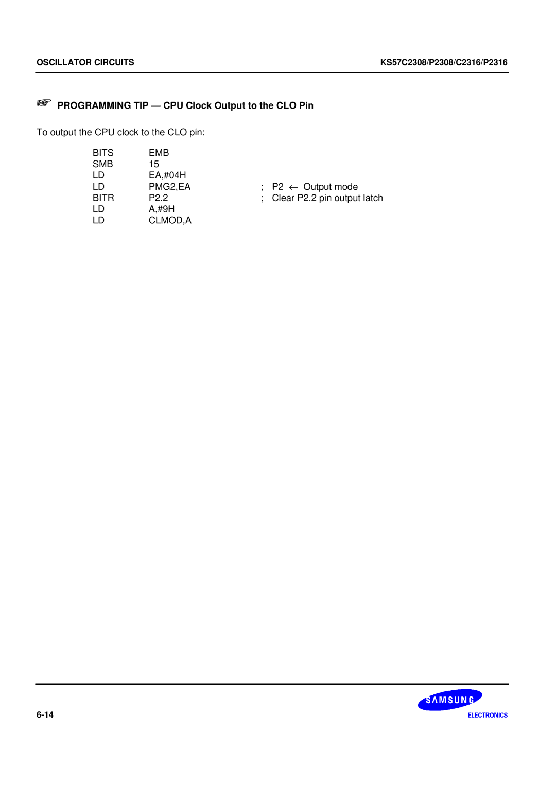 Samsung KS57C2308 manual + Programming TIP CPU Clock Output to the CLO Pin, PMG2,EA, Clmod,A 