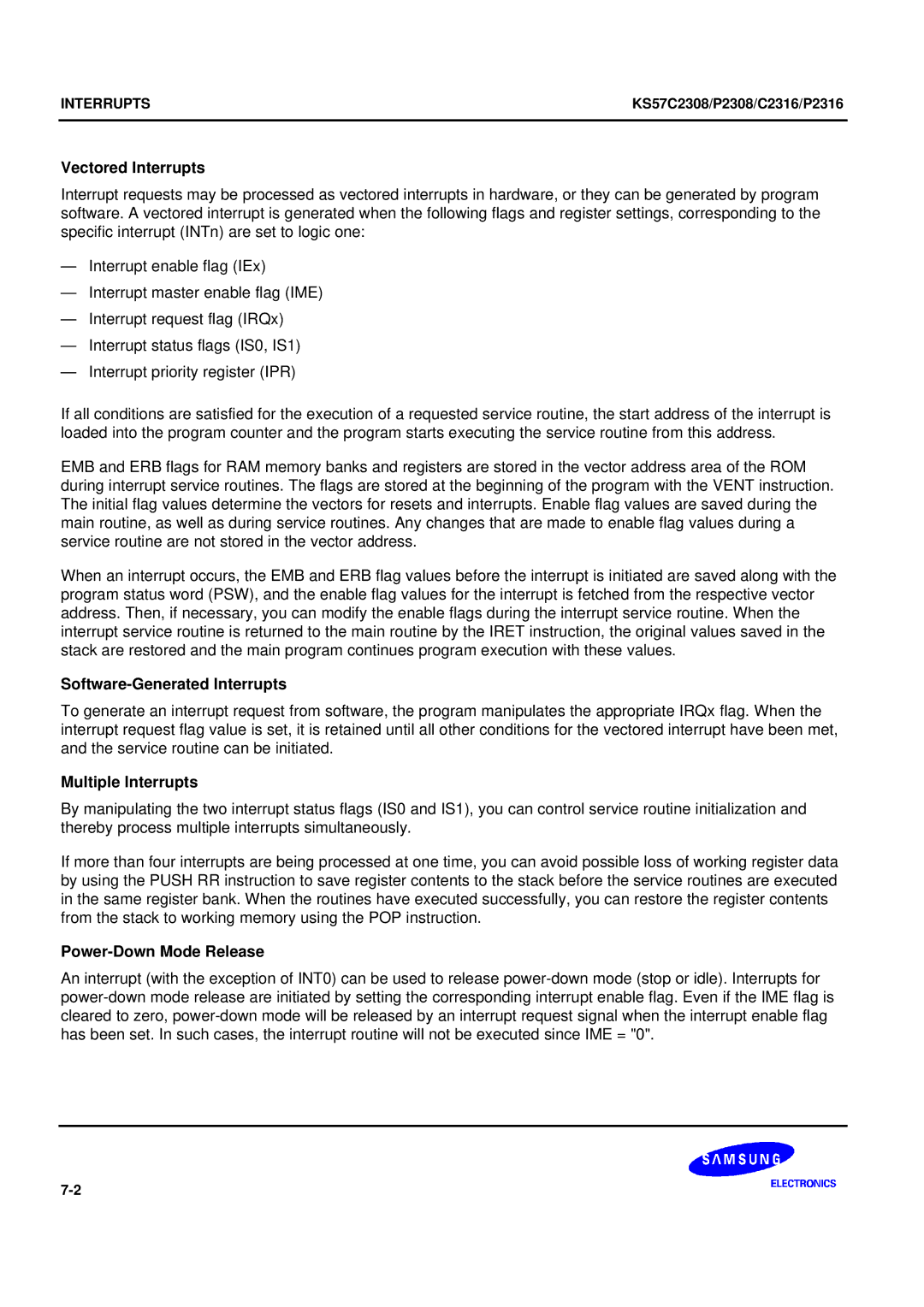 Samsung KS57C2308 manual Vectored Interrupts, Software-Generated Interrupts, Multiple Interrupts, Power-Down Mode Release 