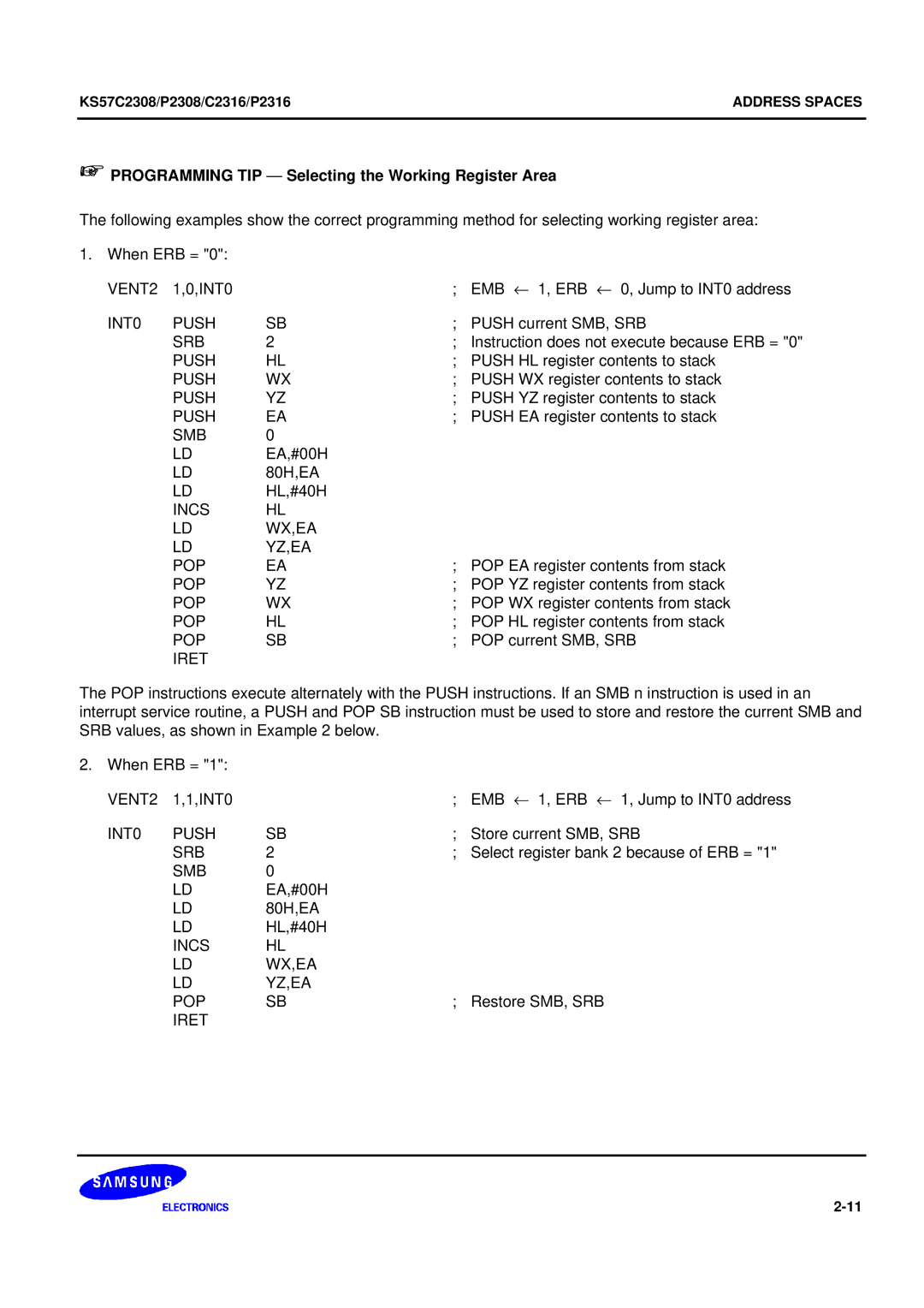 Samsung KS57C2308 manual + Programming TIP Selecting the Working Register Area, INT0 Push, Srb, Incs WX,EA YZ,EA POP, Iret 