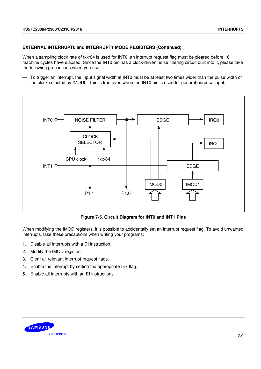 Samsung KS57C2308 External INTERRUPT0 and INTERRUPT1 Mode Registers, INT0 Noise Filter Edge Clock Selector, INT1 IMOD0 