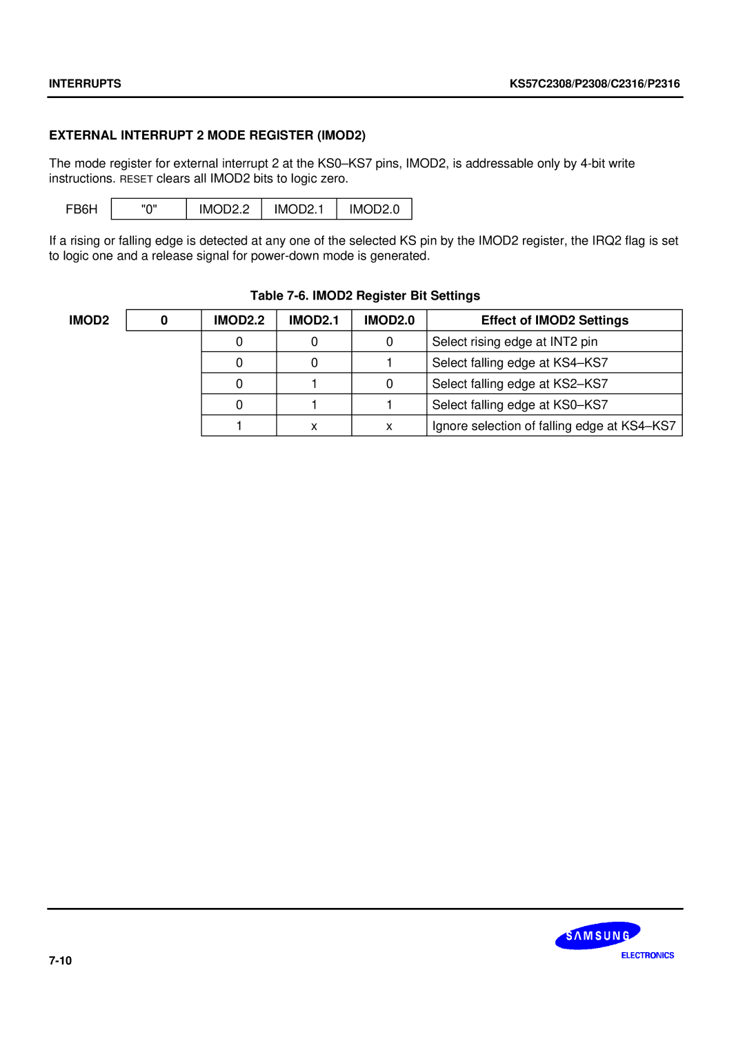 Samsung KS57C2308 External Interrupt 2 Mode Register IMOD2, FB6H IMOD2.2 IMOD2.1 IMOD2.0, IMOD2 Register Bit Settings 