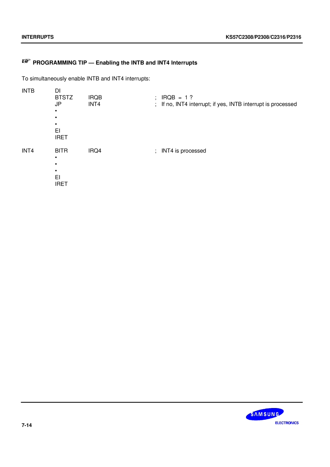 Samsung KS57C2308 manual + Programming TIP Enabling the Intb and INT4 Interrupts, Intb Btstz Irqb, Iret INT4 Bitr IRQ4 