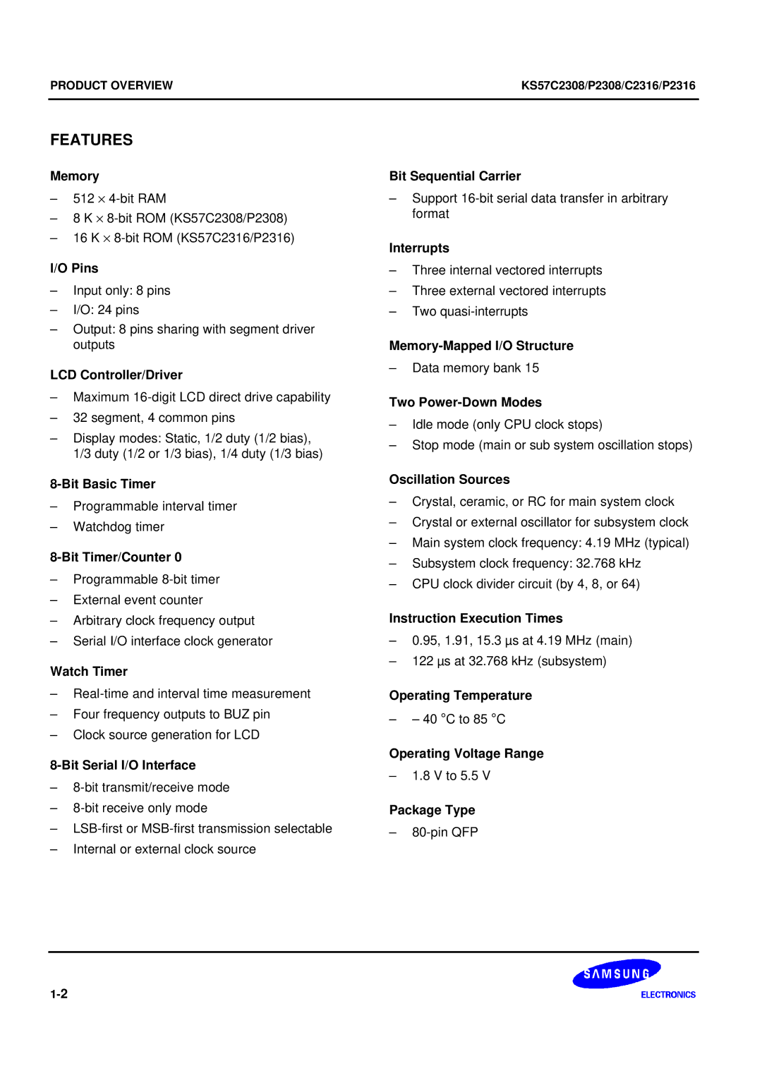 Samsung KS57C2308 manual Memory, Pins, LCD Controller/Driver, Bit Basic Timer, Bit Timer/Counter, Watch Timer, Interrupts 