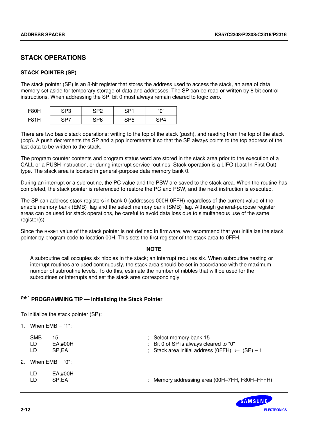 Samsung KS57C2308 Stack Pointer SP, SP3 SP2 SP1, SP7 SP6 SP5 SP4, + Programming TIP Initializing the Stack Pointer, Sp,Ea 