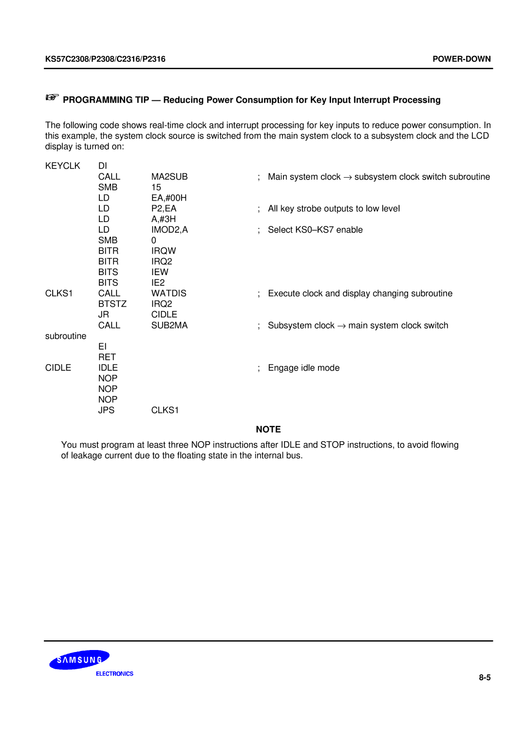 Samsung KS57C2308 Keyclk Call MA2SUB, P2,EA, IMOD2,A, SMB Bitr Irqw IRQ2 Bits IEW IE2 CLKS1 Call Watdis, RET Cidle Idle 