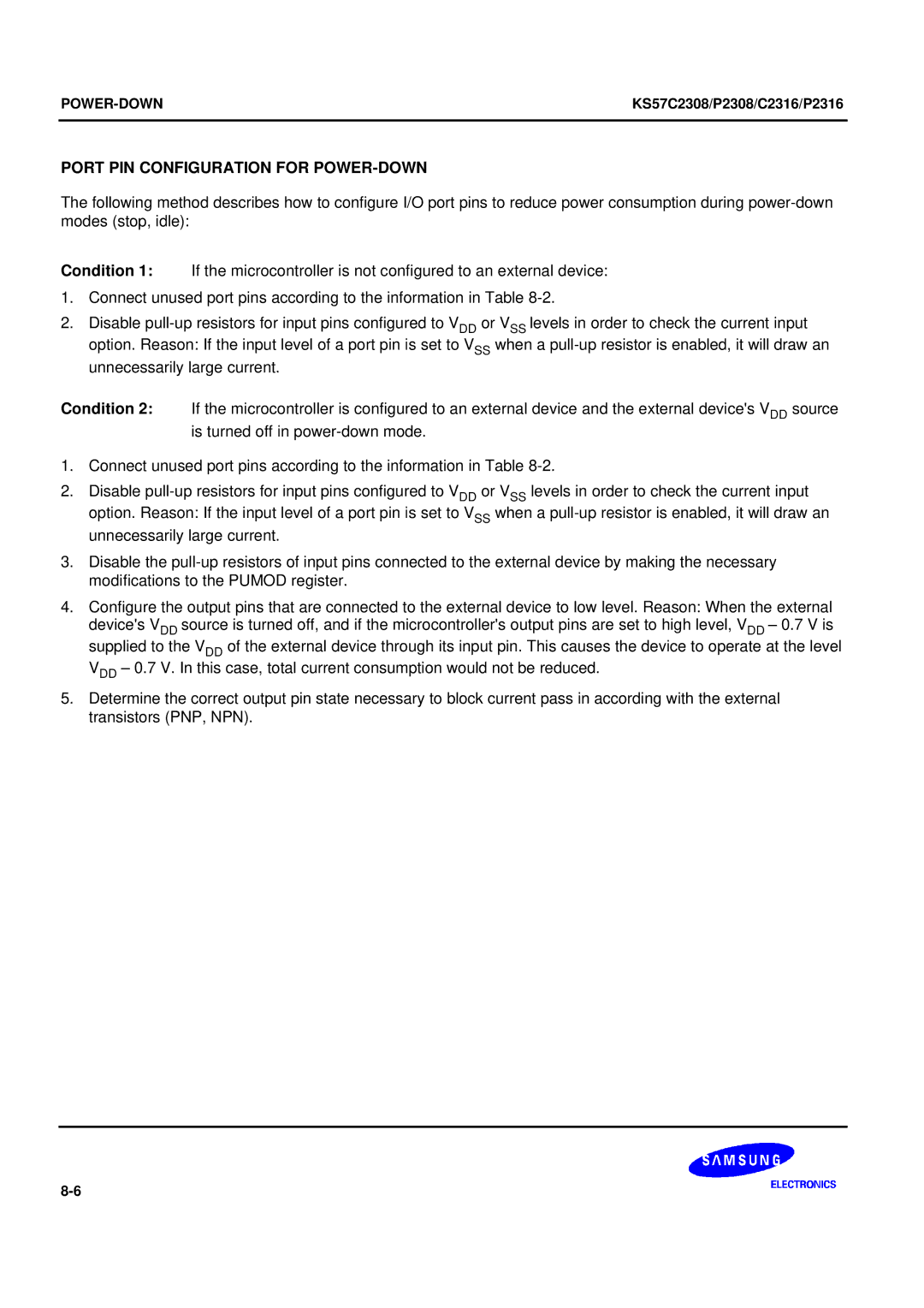 Samsung KS57C2308 manual Port PIN Configuration for POWER-DOWN, Condition 