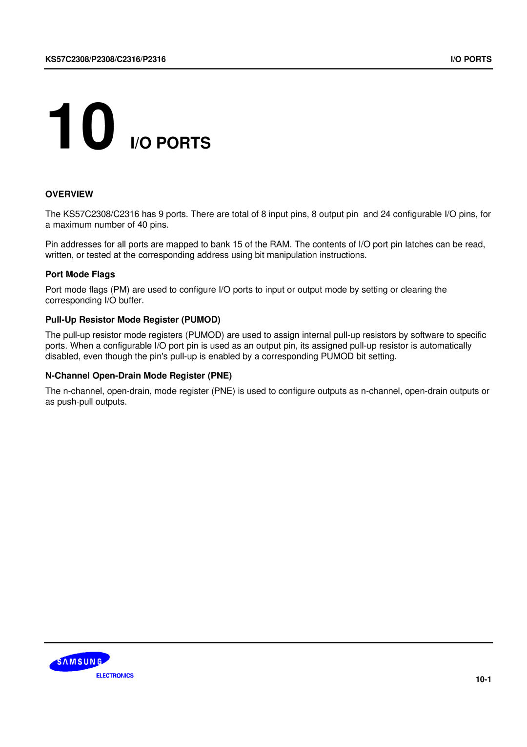 Samsung KS57C2308 manual 10 I/O Ports, Port Mode Flags, Pull-Up Resistor Mode Register Pumod 