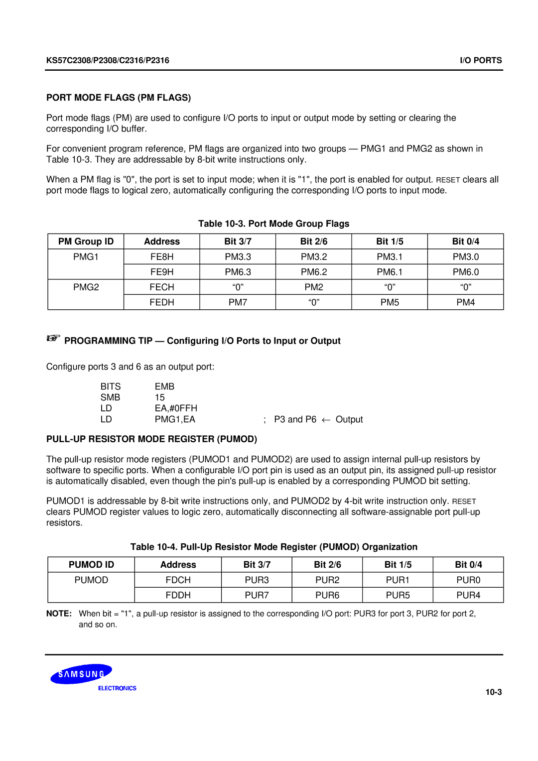 Samsung KS57C2308 manual Port Mode Flags PM Flags, PULL-UP Resistor Mode Register Pumod, Pumod ID 