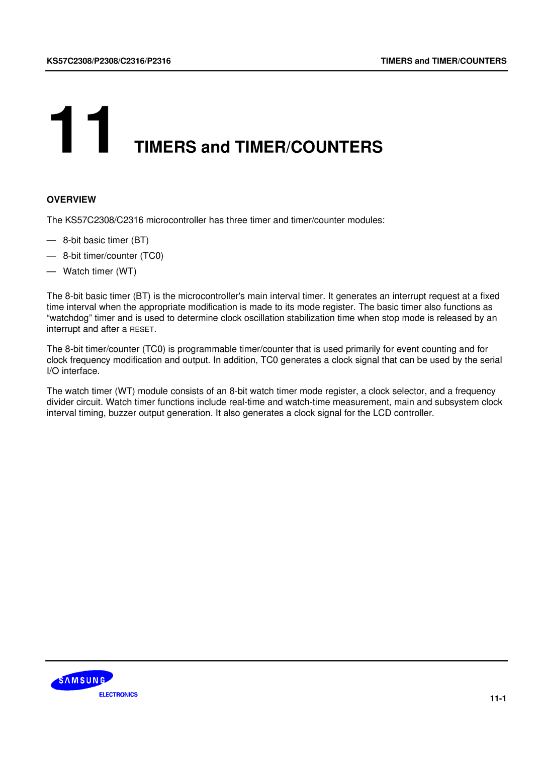 Samsung manual KS57C2308/P2308/C2316/P2316 Timers and TIMER/COUNTERS 