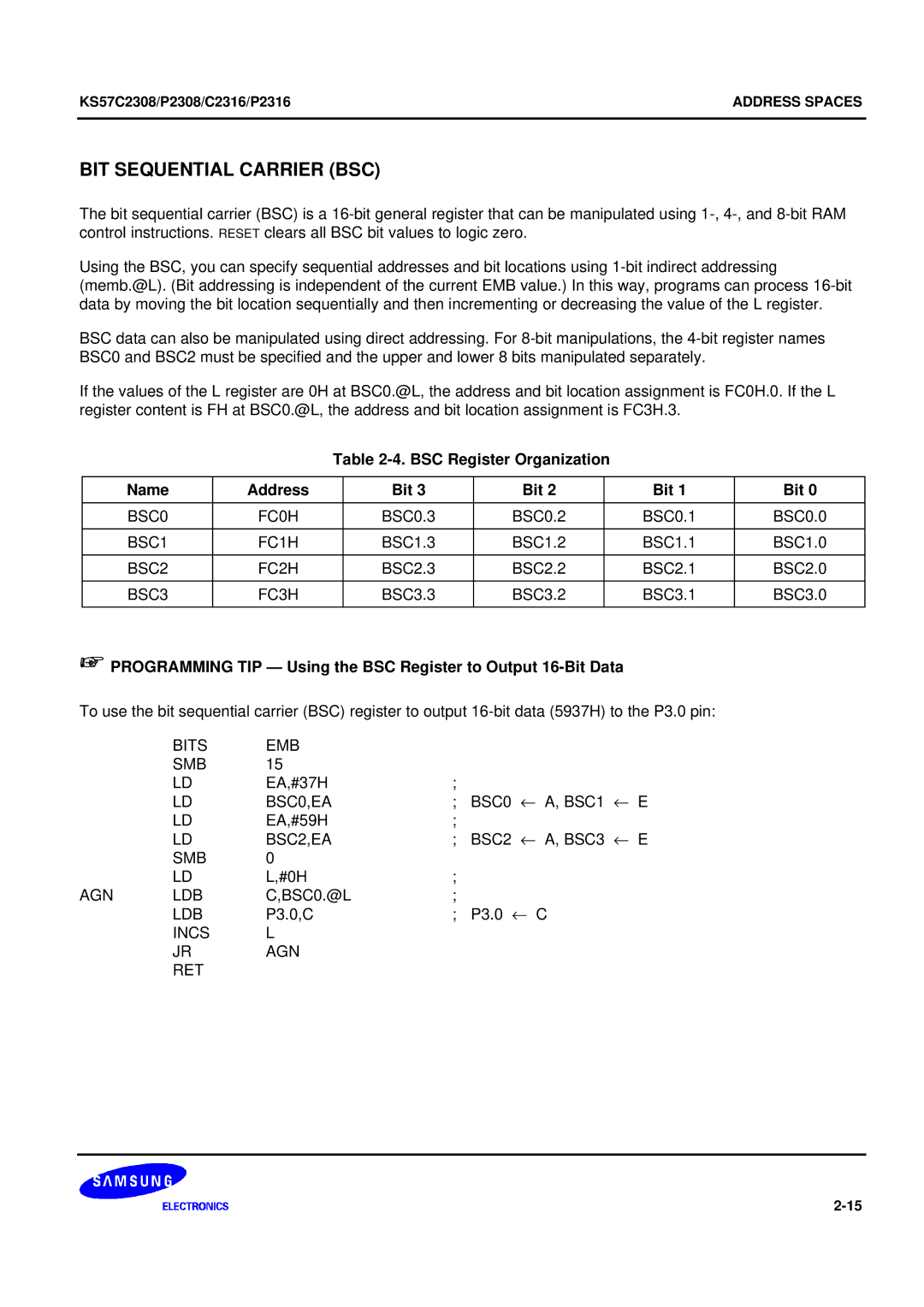 Samsung KS57C2308 manual BSC Register Organization Name Address Bit 