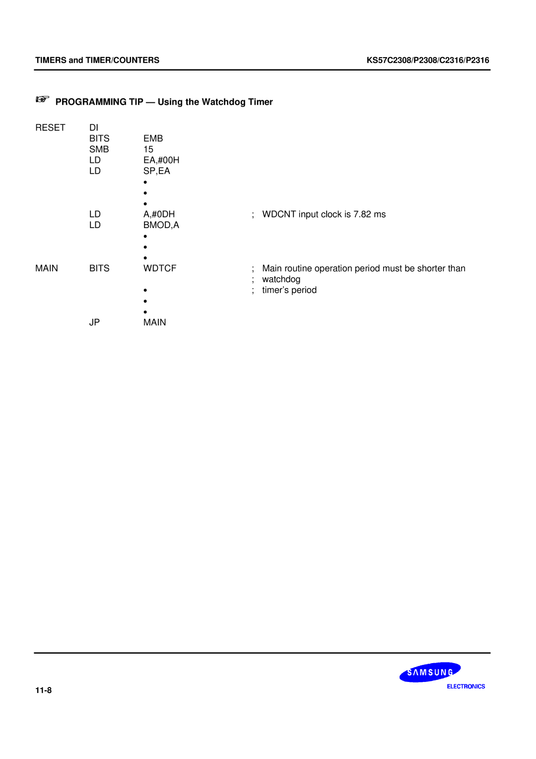 Samsung KS57C2308 manual + Programming TIP Using the Watchdog Timer, Reset Bits EMB SMB, BMOD,A Main Bits Wdtcf 