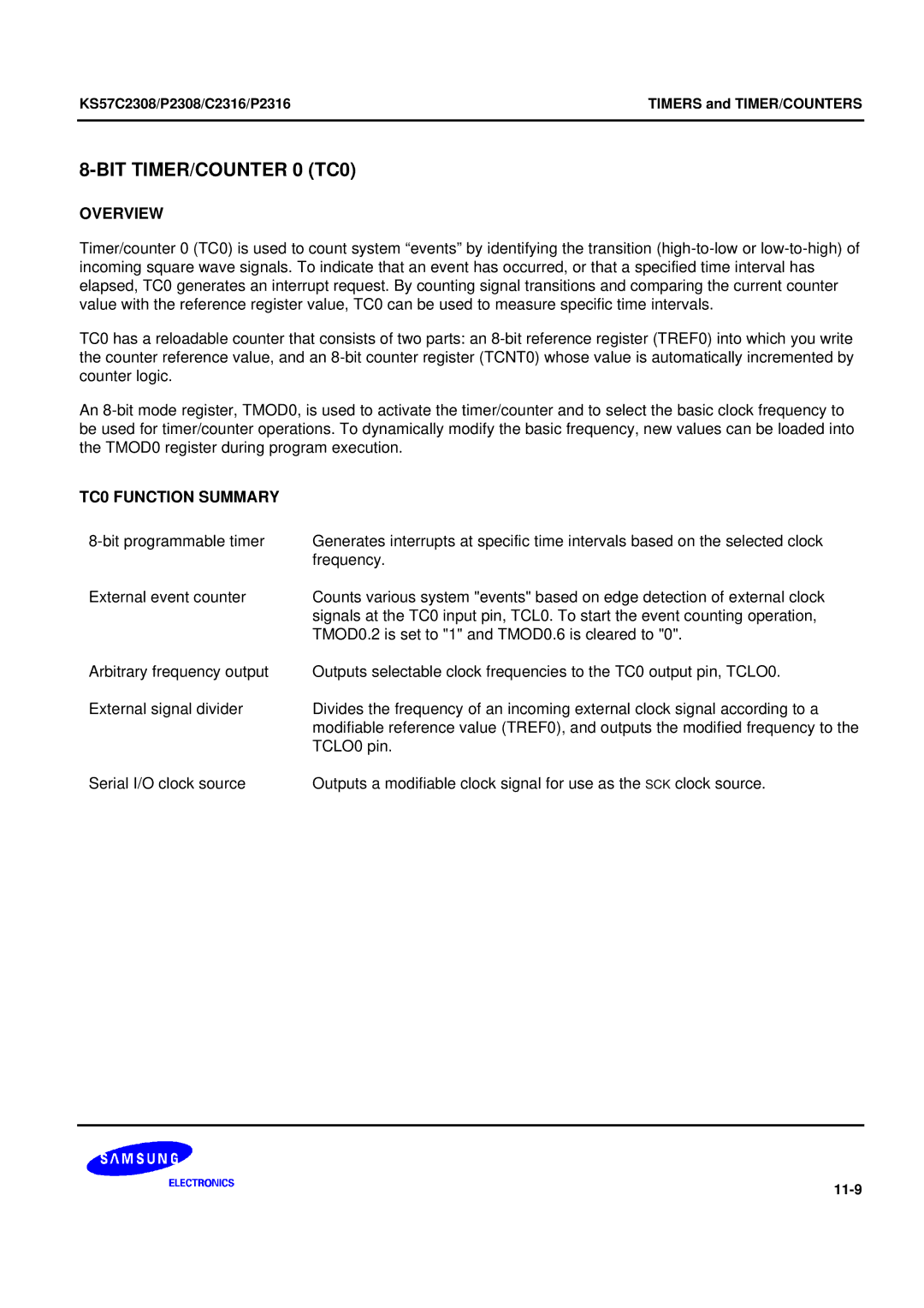 Samsung KS57C2308 manual BIT TIMER/COUNTER 0 TC0, TC0 Function Summary 