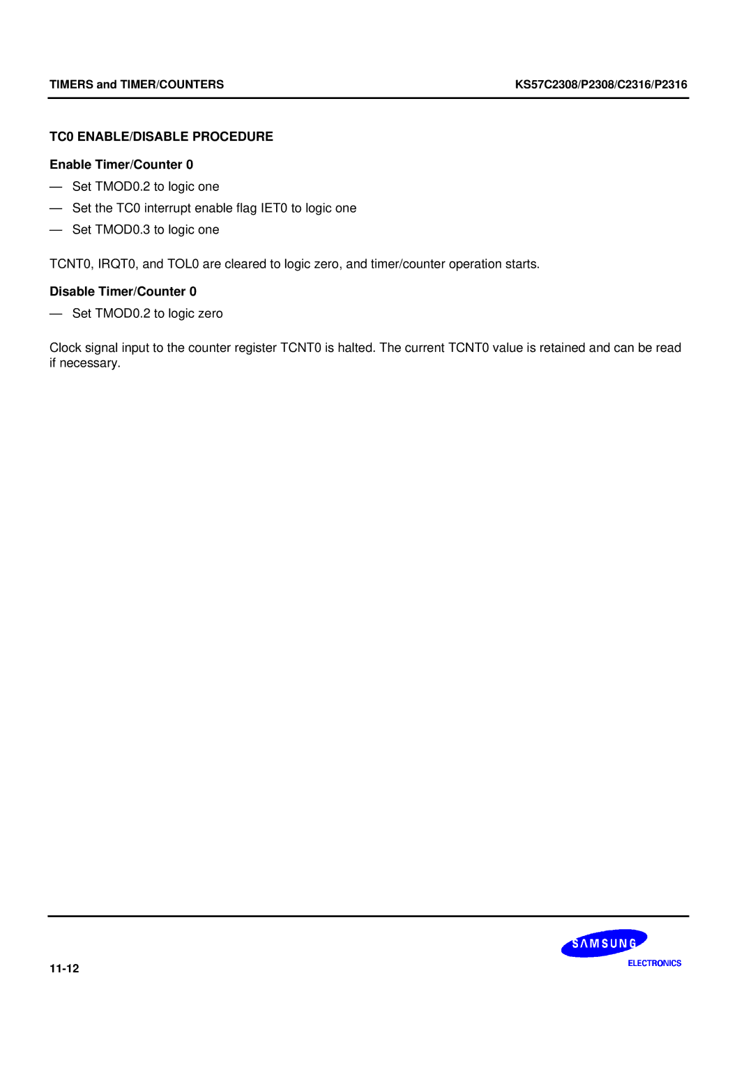 Samsung KS57C2308 manual TC0 ENABLE/DISABLE Procedure, Enable Timer/Counter, Disable Timer/Counter 