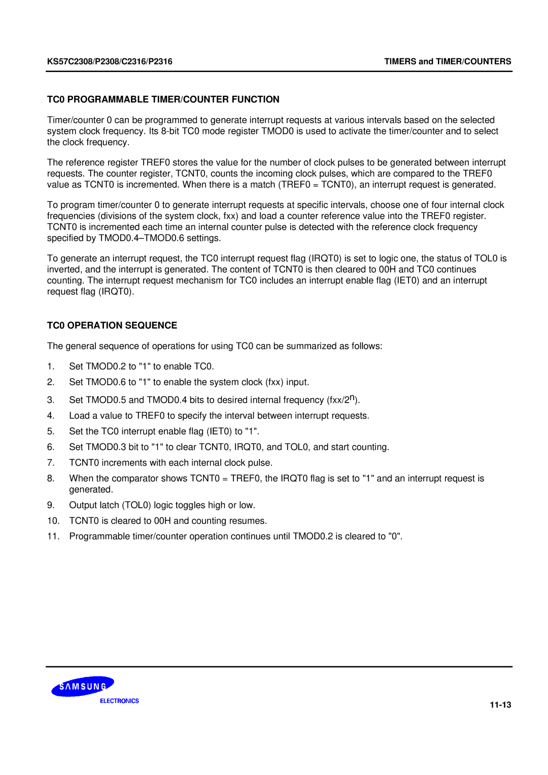 Samsung KS57C2308 manual TC0 Programmable TIMER/COUNTER Function, TC0 Operation Sequence 