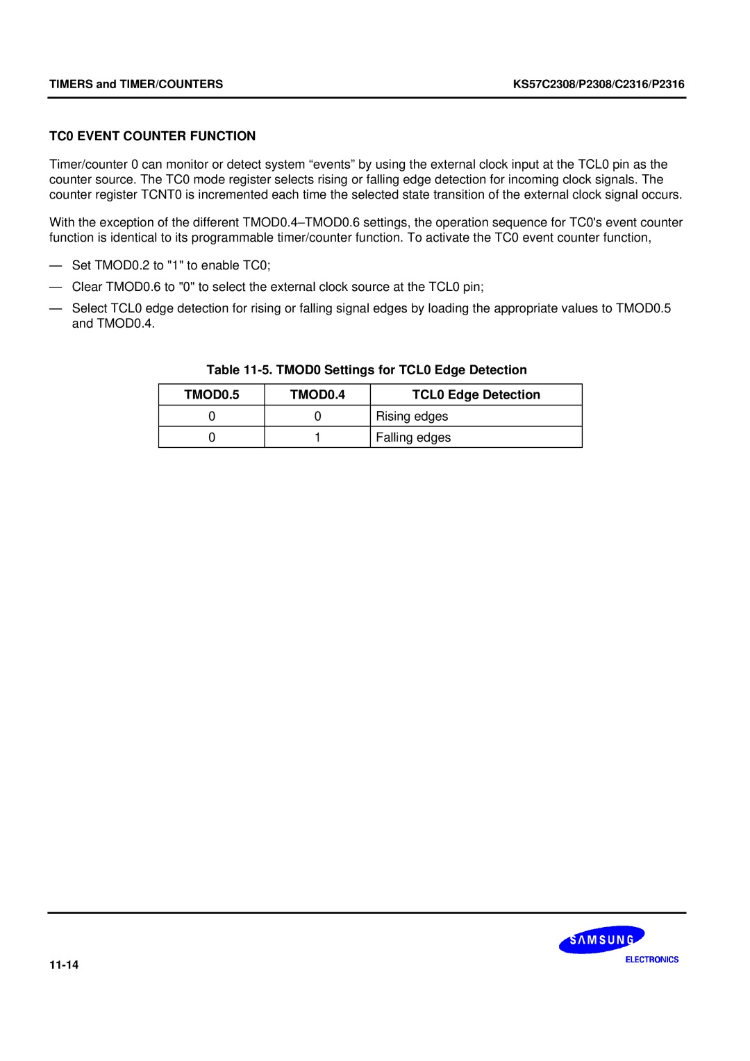 Samsung KS57C2308 manual TC0 Event Counter Function, TMOD0 Settings for TCL0 Edge Detection, TMOD0.5 TMOD0.4 