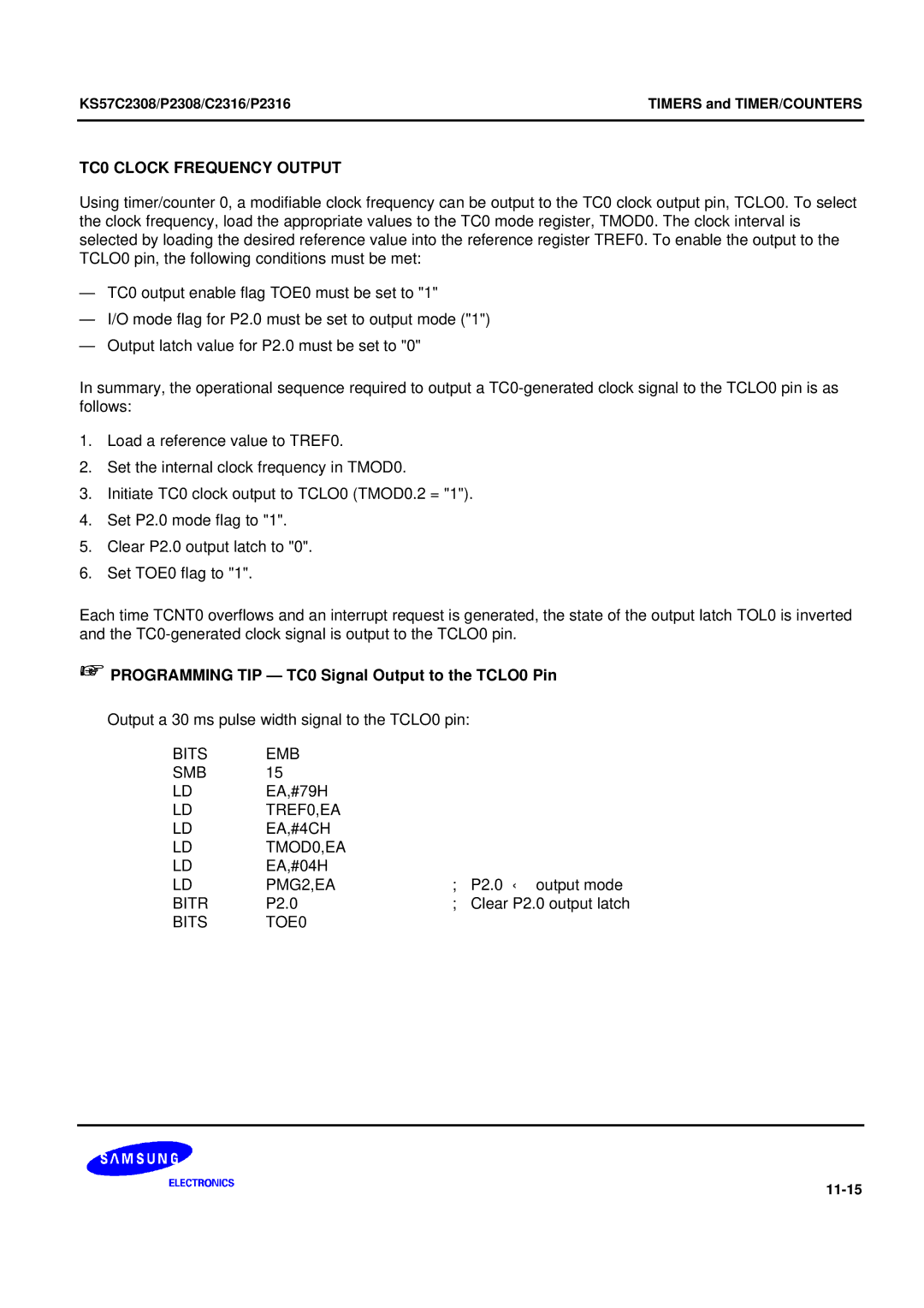 Samsung KS57C2308 manual TC0 Clock Frequency Output, + Programming TIP TC0 Signal Output to the TCLO0 Pin, Bits TOE0 