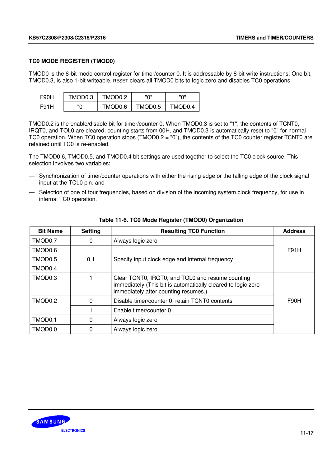 Samsung KS57C2308 manual TC0 Mode Register TMOD0 