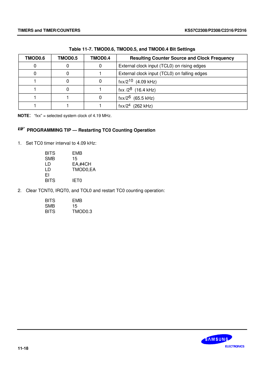 Samsung KS57C2308 manual TMOD0.6, TMOD0.5, and TMOD0.4 Bit Settings, TMOD0.6 TMOD0.5 TMOD0.4 