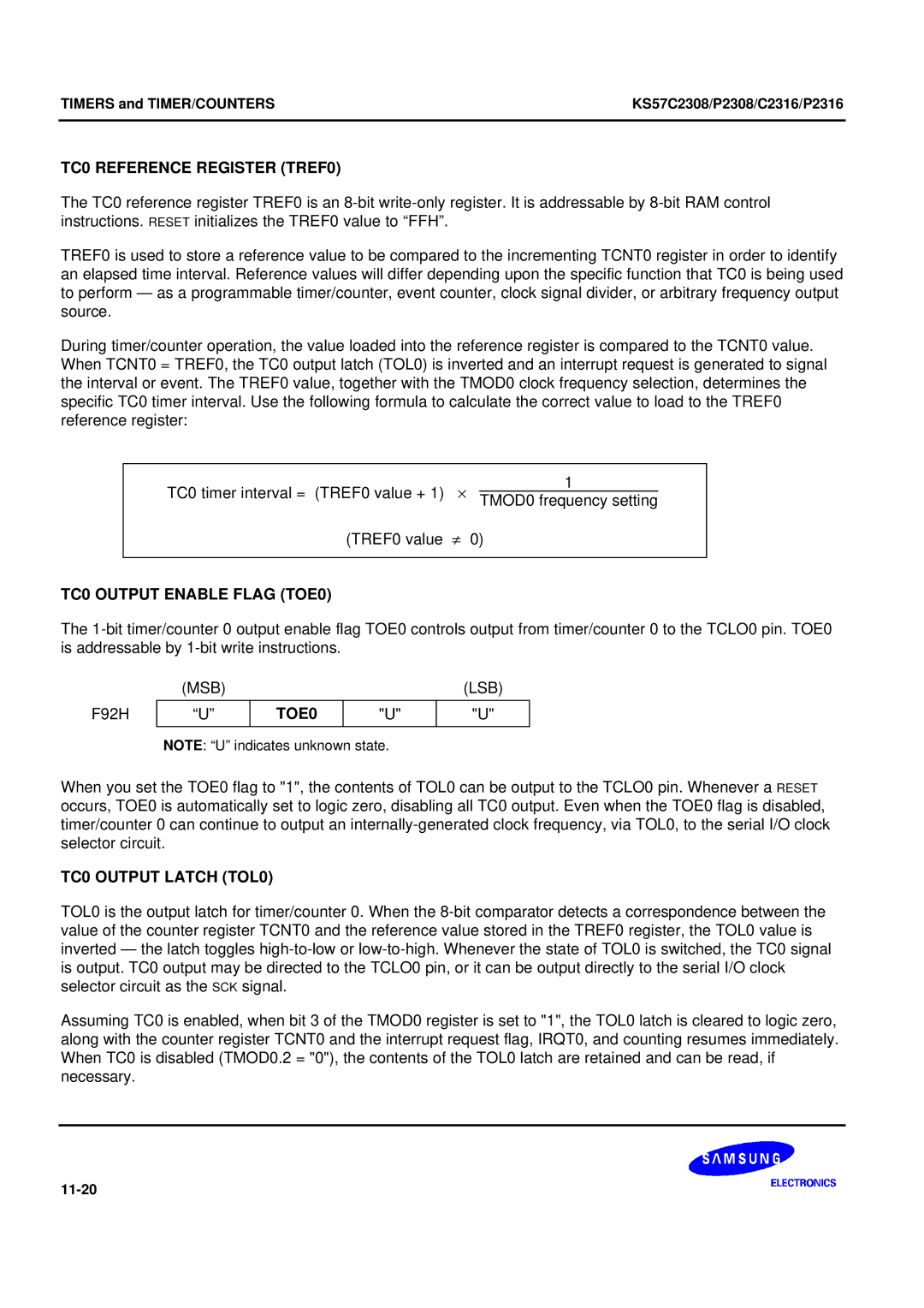 Samsung KS57C2308 manual TC0 Reference Register TREF0, TC0 Output Enable Flag TOE0, Msb Lsb, TC0 Output Latch TOL0 