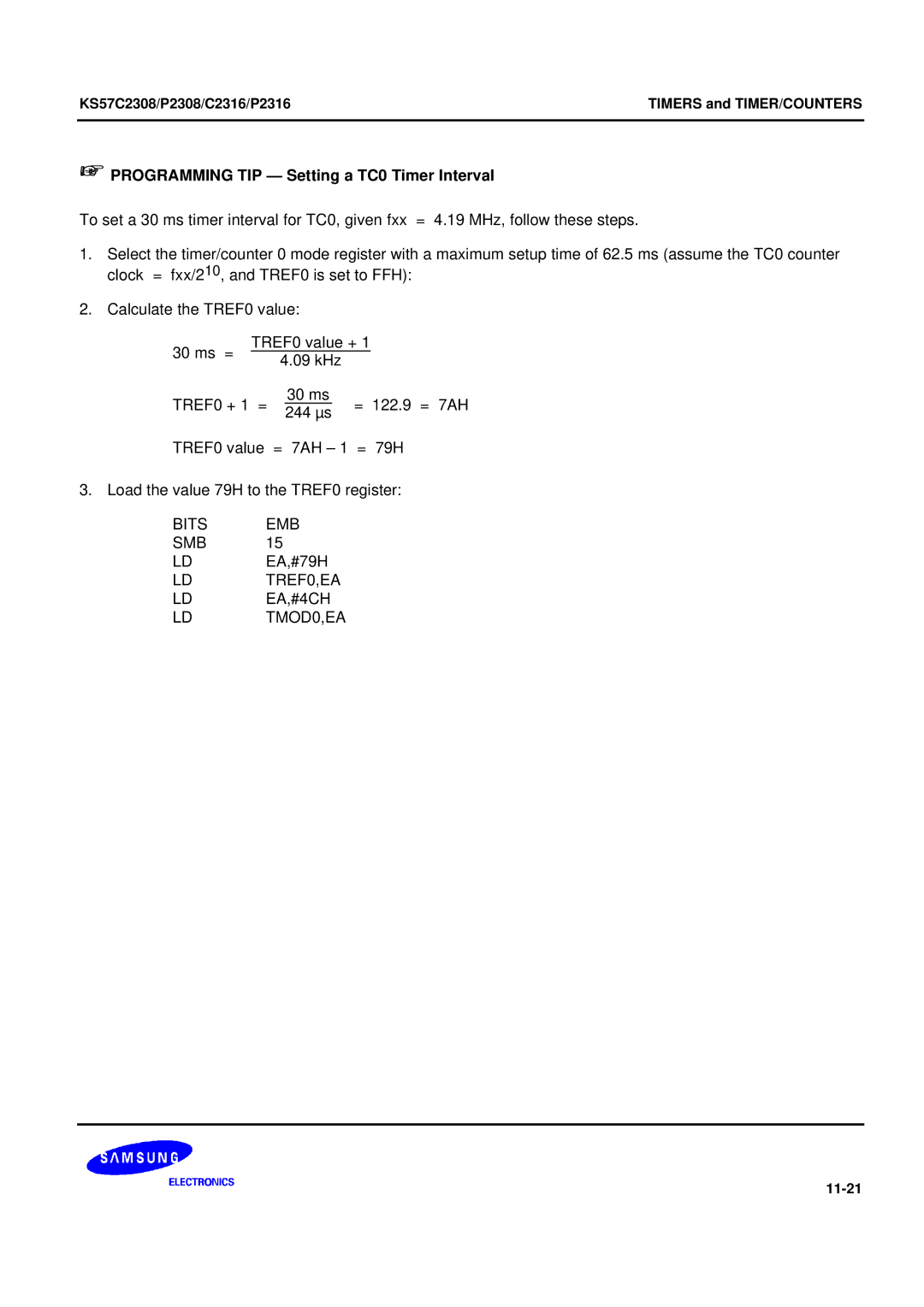 Samsung KS57C2308 manual + Programming TIP Setting a TC0 Timer Interval, TREF0,EA 