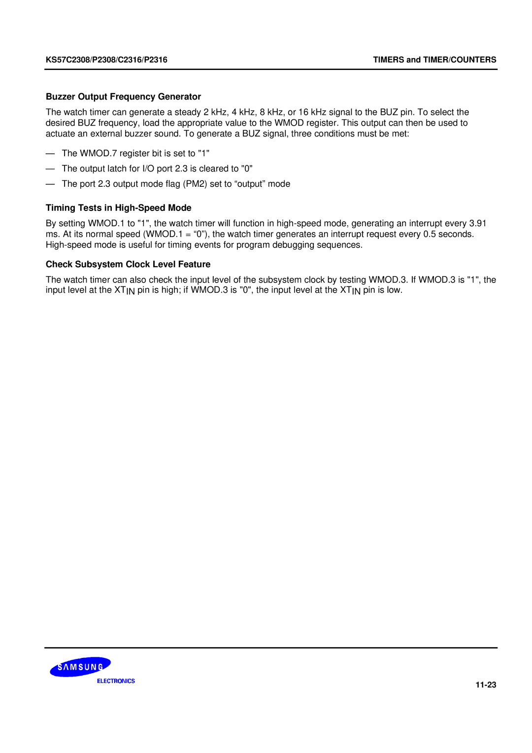 Samsung KS57C2308 Buzzer Output Frequency Generator, Timing Tests in High-Speed Mode, Check Subsystem Clock Level Feature 