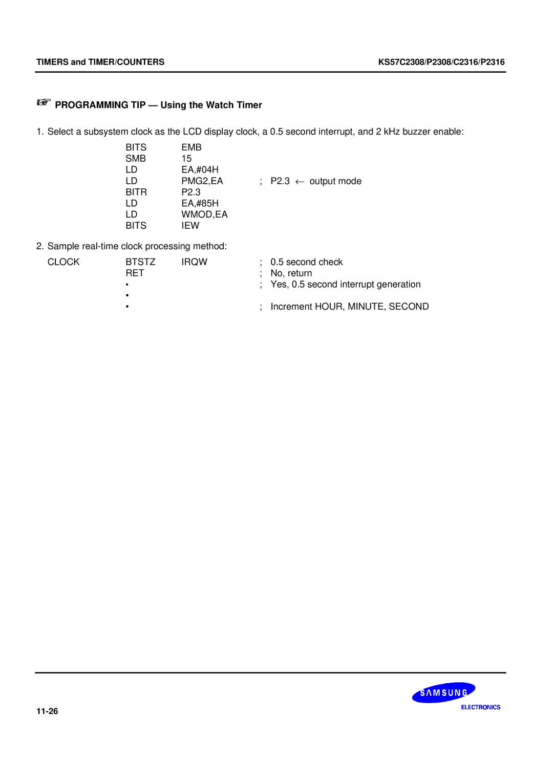 Samsung KS57C2308 manual + Programming TIP Using the Watch Timer, WMOD,EA Bits IEW, Clock Btstz Irqw 