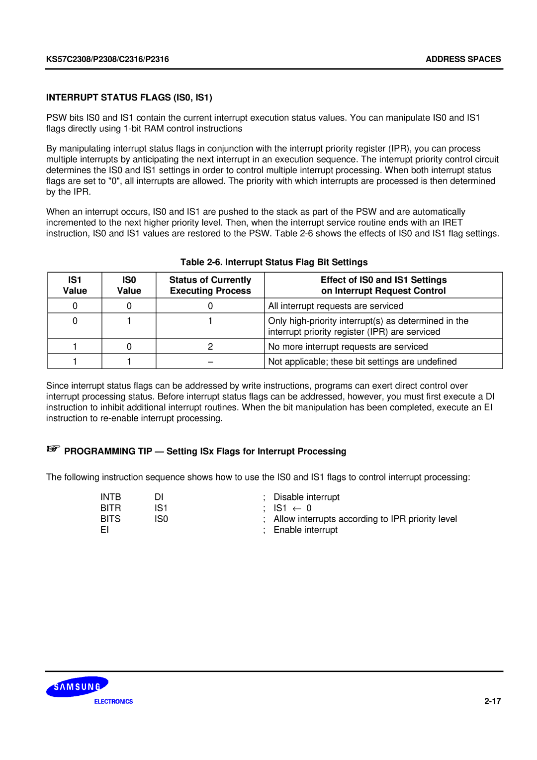 Samsung KS57C2308 manual Interrupt Status Flags IS0, IS1, Interrupt Status Flag Bit Settings, IS1 IS0 