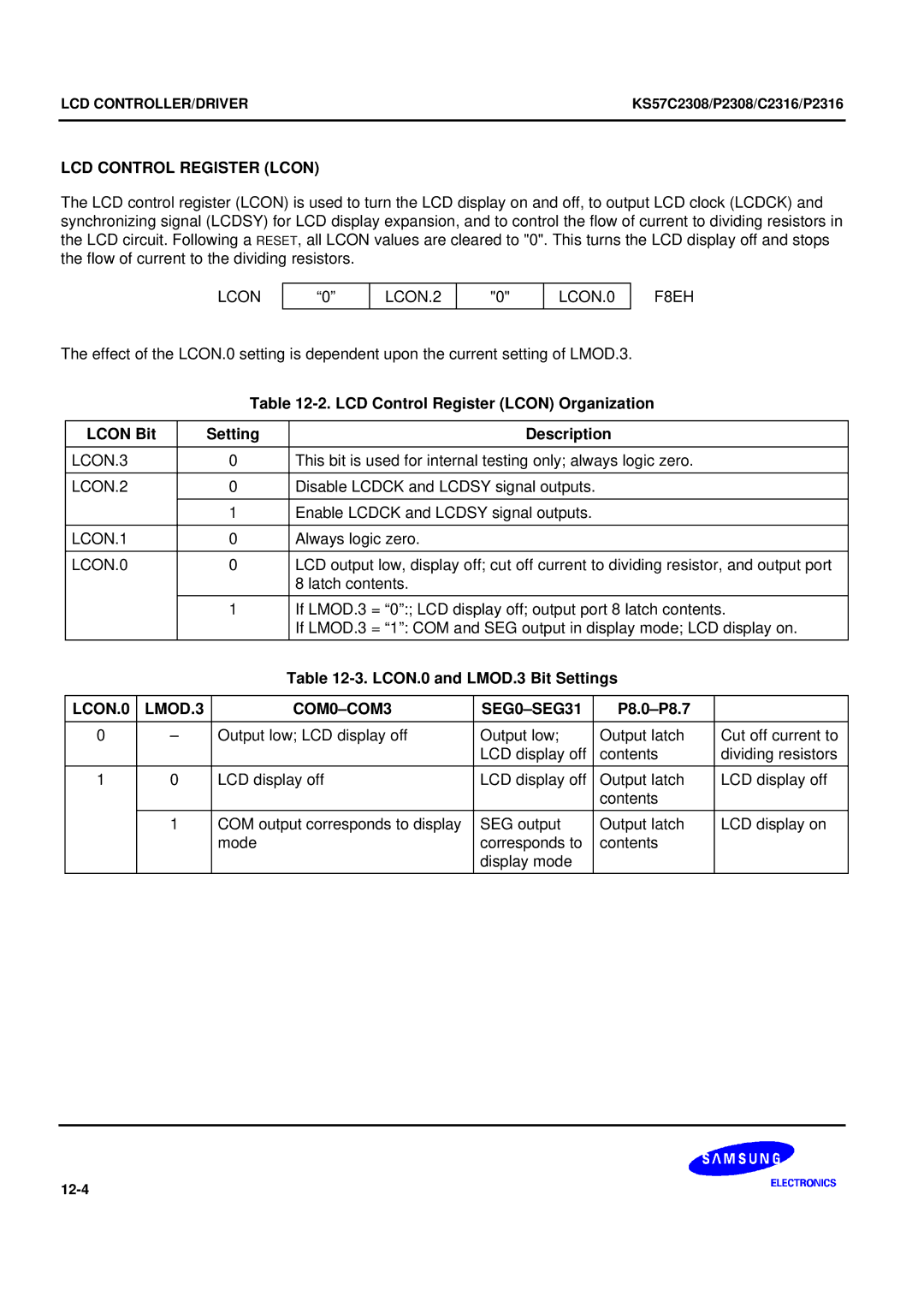 Samsung KS57C2308 LCD Control Register Lcon, LCON.0 and LMOD.3 Bit Settings, LCON.0 LMOD.3 COM0-COM3 SEG0-SEG31, P8.0-P8.7 