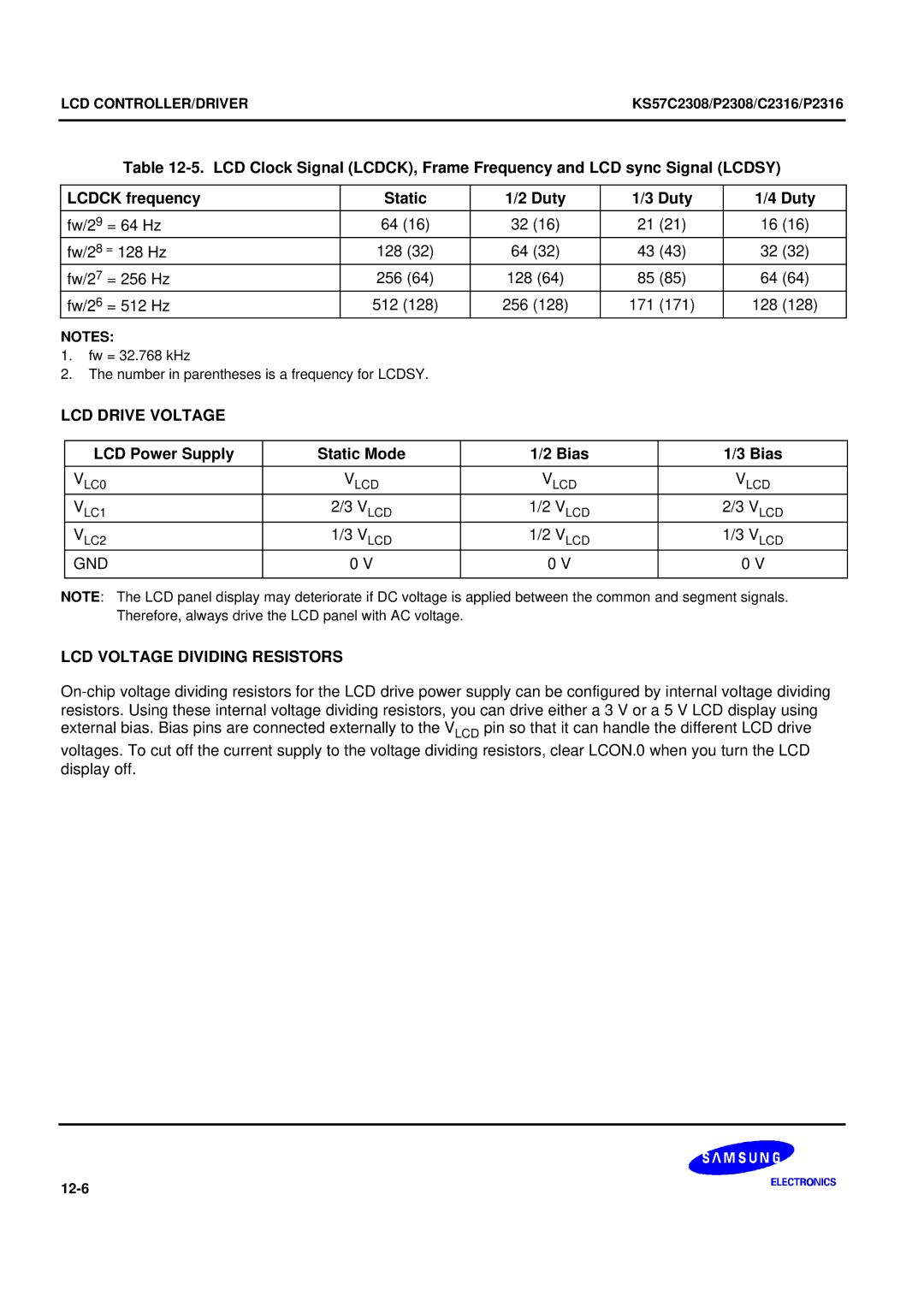 Samsung KS57C2308 manual LCD Drive Voltage, LCD Power Supply Static Mode Bias, Gnd, LCD Voltage Dividing Resistors 