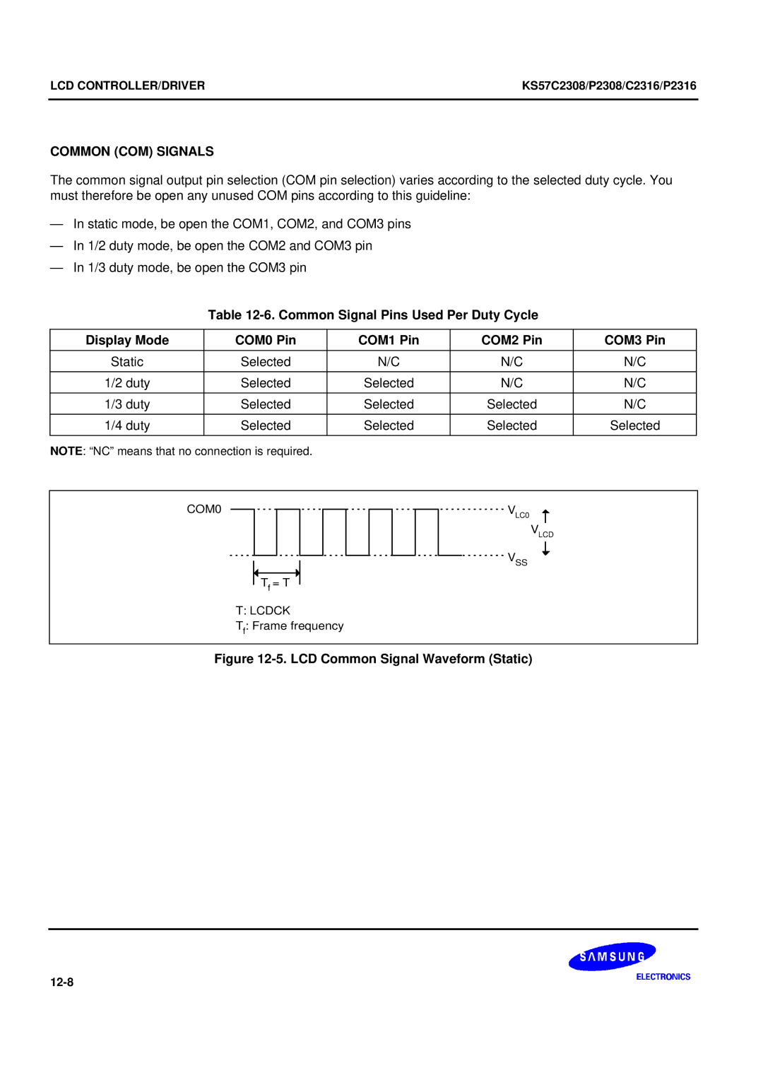 Samsung KS57C2308 manual Common COM Signals, LCD Common Signal Waveform Static 