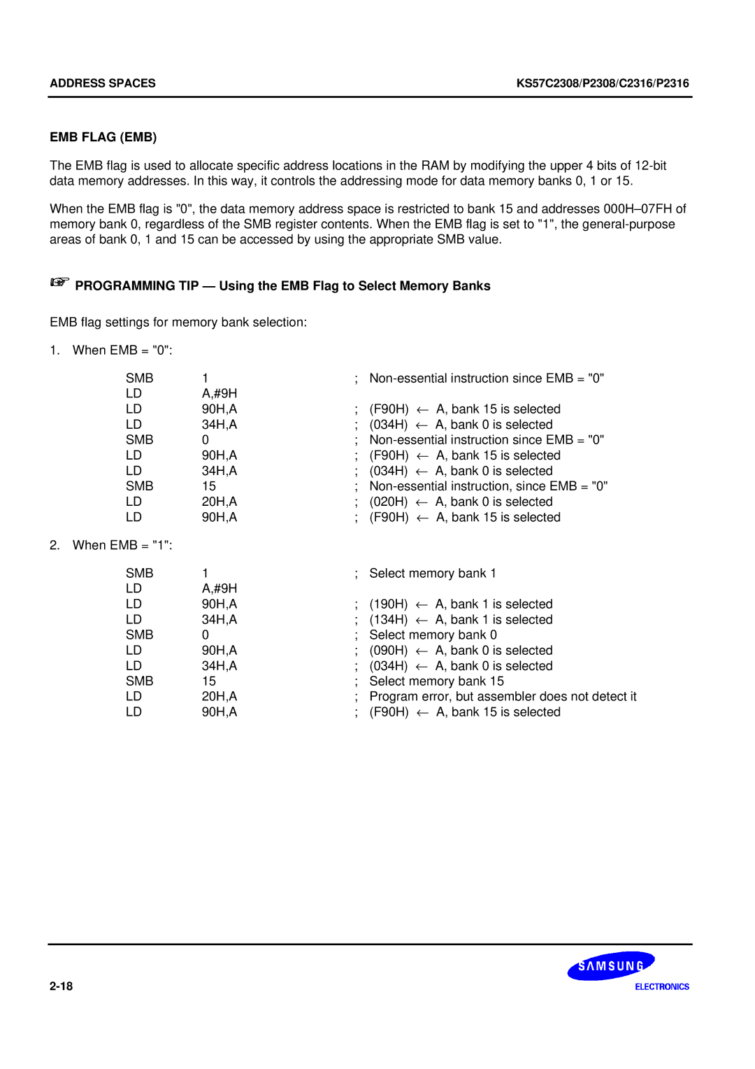 Samsung KS57C2308 manual EMB Flag EMB, + Programming TIP Using the EMB Flag to Select Memory Banks 