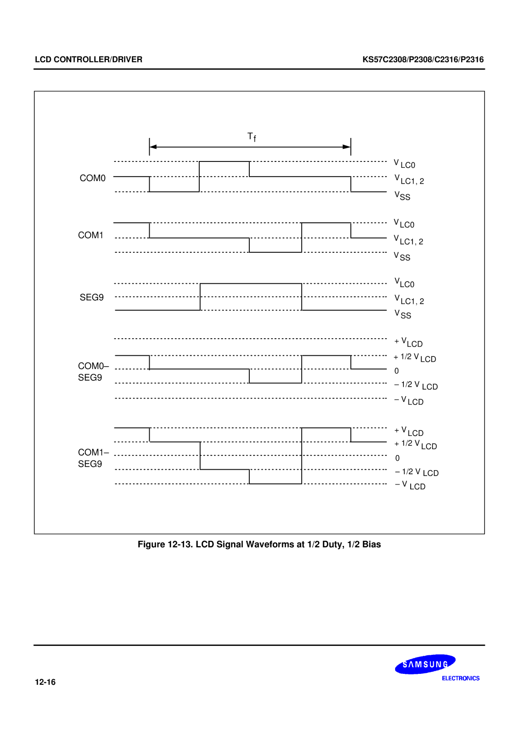 Samsung KS57C2308 manual COM0 COM1 SEG9, LCD Signal Waveforms at 1/2 Duty, 1/2 Bias 