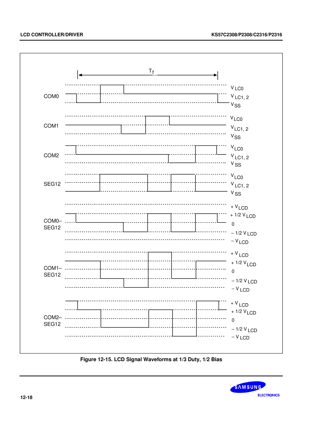 Samsung KS57C2308 manual COM0 COM1 COM2 SEG12, LCD Signal Waveforms at 1/3 Duty, 1/2 Bias 