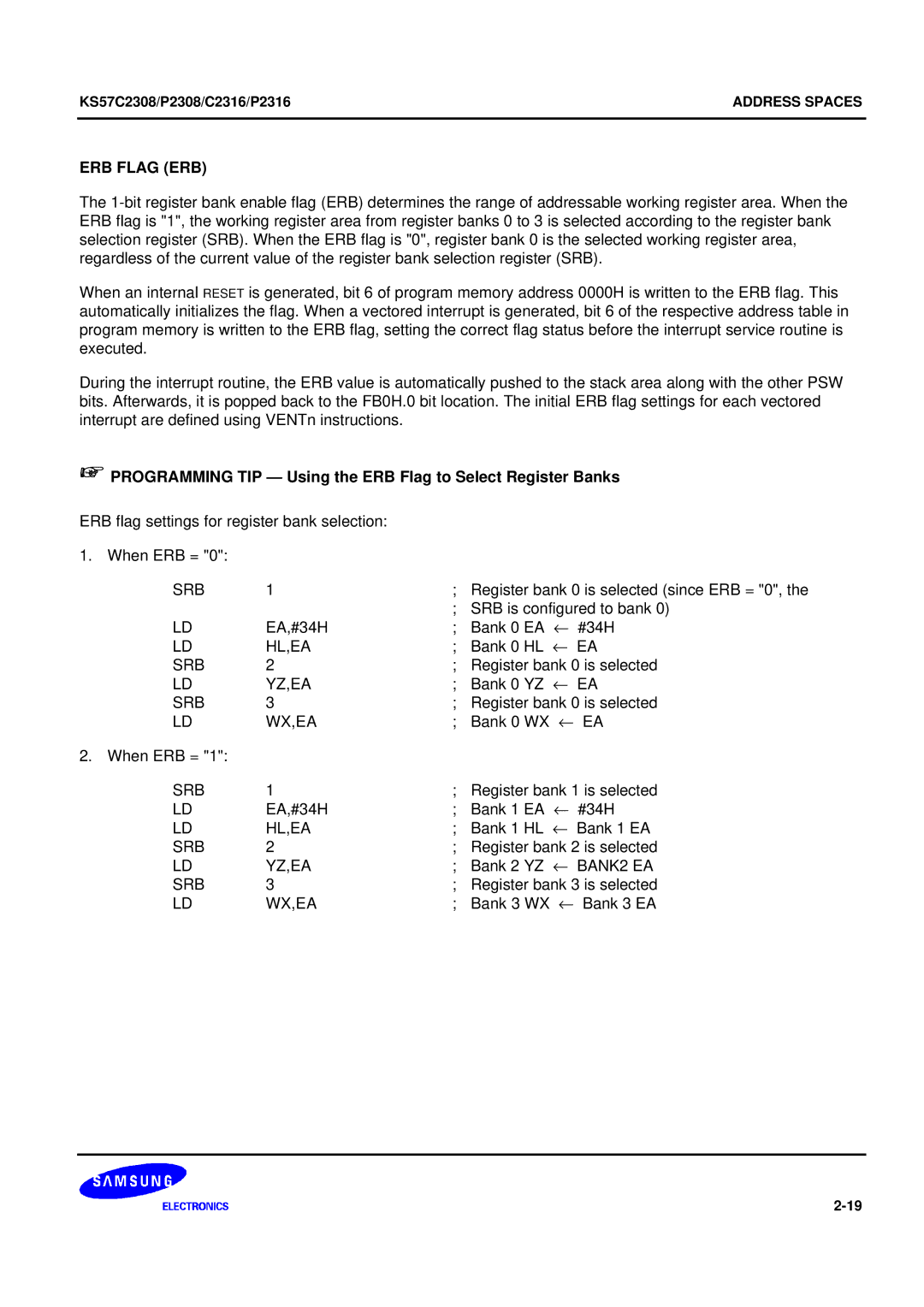 Samsung KS57C2308 manual ERB Flag ERB, Hl,Ea 