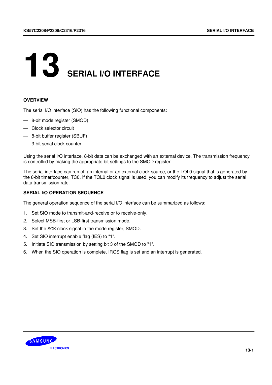 Samsung KS57C2308 manual Serial I/O Interface, Serial I/O Operation Sequence 