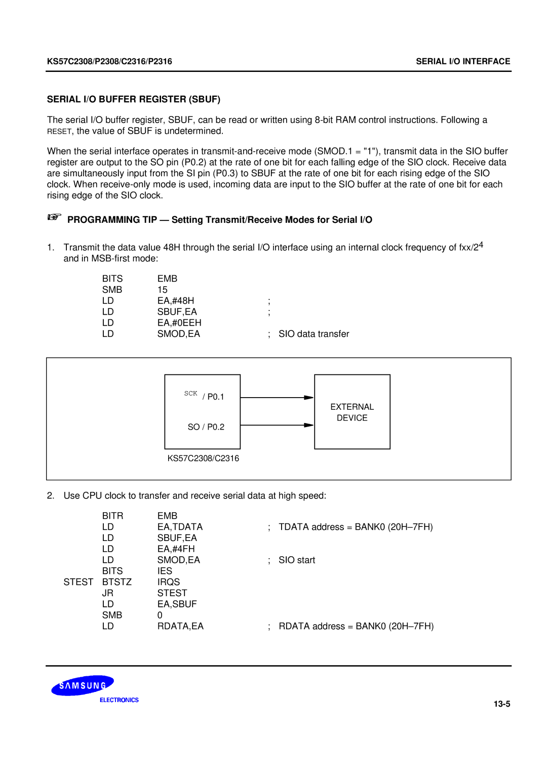 Samsung KS57C2308 Serial I/O Buffer Register Sbuf, SBUF,EA EA,#0EEH SMOD,EA, Bitr EMB EA,TDATA, SBUF,EA EA,#4FH SMOD,EA 