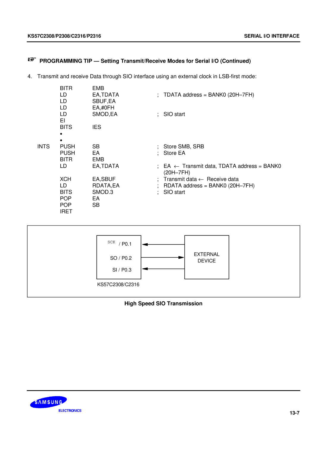 Samsung KS57C2308 manual SBUF,EA EA,#0FH SMOD,EA, High Speed SIO Transmission 