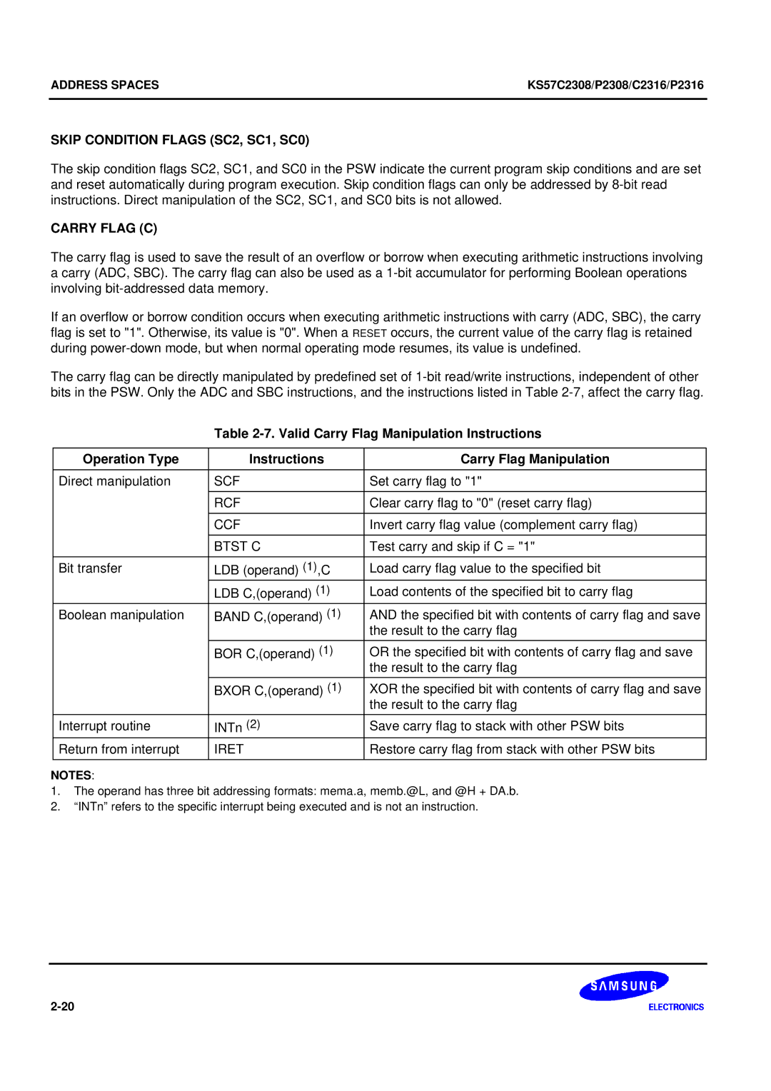 Samsung KS57C2308 manual Skip Condition Flags SC2, SC1, SC0, Carry Flag C 