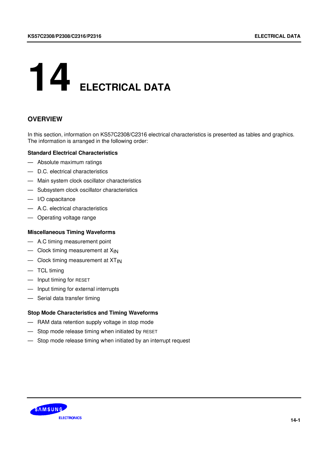 Samsung KS57C2308 manual Electrical Data, Standard Electrical Characteristics, Miscellaneous Timing Waveforms 