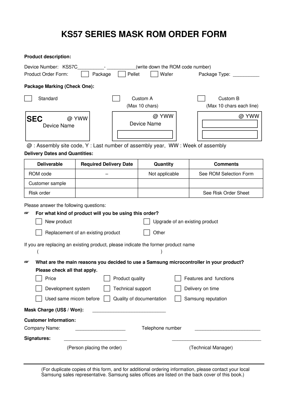 Samsung KS57C2308 manual KS57 Series Mask ROM Order Form 